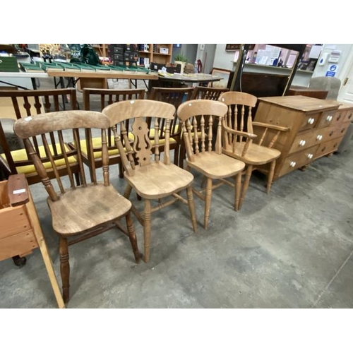 4 assorted pine farmhouse chairs including 1 carver