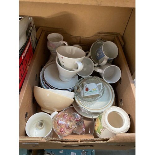 285 - 7 boxes of meat plates, Lustre Ware, glassware, mugs, saucers, stoneware kitchen cannisters etc.