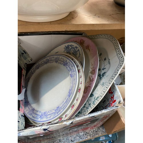 285 - 7 boxes of meat plates, Lustre Ware, glassware, mugs, saucers, stoneware kitchen cannisters etc.