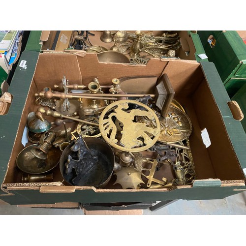 273 - 2 boxes of mixed brassware inc. trivet, fire irons, scales, horse brasses etc.