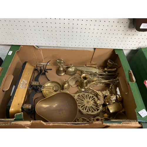 273 - 2 boxes of mixed brassware inc. trivet, fire irons, scales, horse brasses etc.