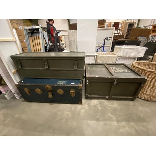 179 - Metal storage container/trunk stamped KL 81 (34H 103W 32D), wooden military trunk stamped Capt. F. M... 