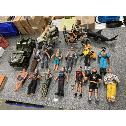 197 - 15 Action Man figures, Jeep, Gyrocopter, Deep Sea Mission Shark etc.