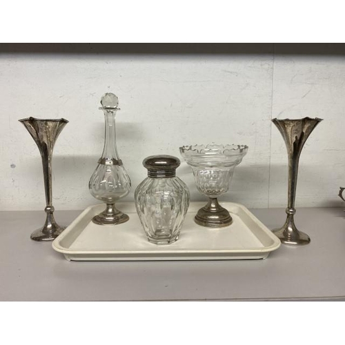 242 - Pair of continental silver posy vases (weighted), Dutch cut glass decanter, table centre piece & cut... 