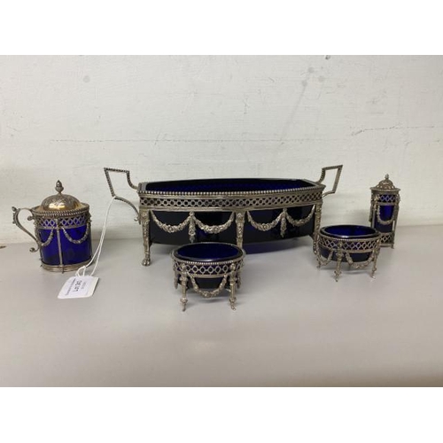 243 - 19th century 5 piece continental white metal & blue glass lined part table set (Believed to be silve... 