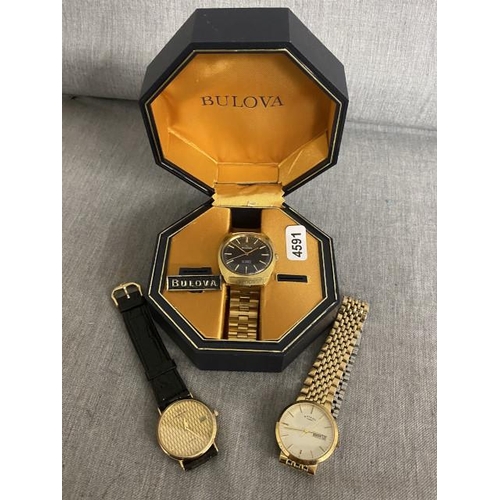 278 - Cased Bulova automatic 23 jewels watch, Raymond Weil Geneve 18K gold electroplated watch & Rotary da... 