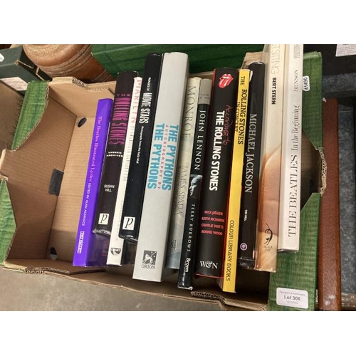 306 - Box of music & movie books inc. The Beatles, The Rolling Stones, John Lennon, Marilyn, The Pythons e... 