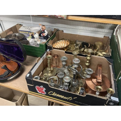 316 - 3 boxes of brass, copper, silver plate, cast scales, chef/ butler corkscrew & bottle opener set etc.