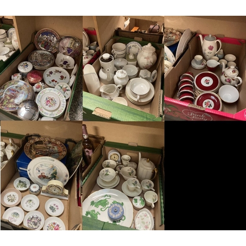 338 - 5 boxes of china inc. Wedgwood 'Chinese Tigers', 'Sarah', 'Corinthian', Royal Doulton 'Tumbling Leav... 