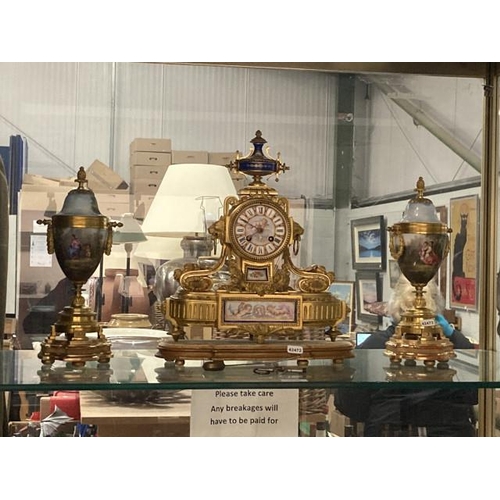 344 - French ormolu & porcelain mantle clock on stand with pendulum & key stamped 7639 & a pair of ormolu ... 