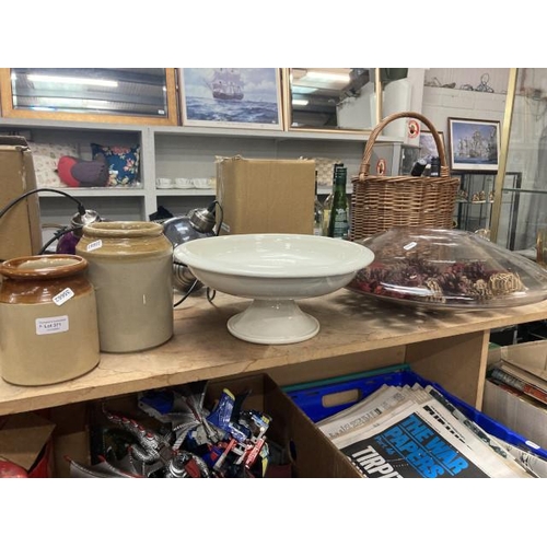 371 - 2 stoneware jars, table centre piece & large glass vase 50cm diameter