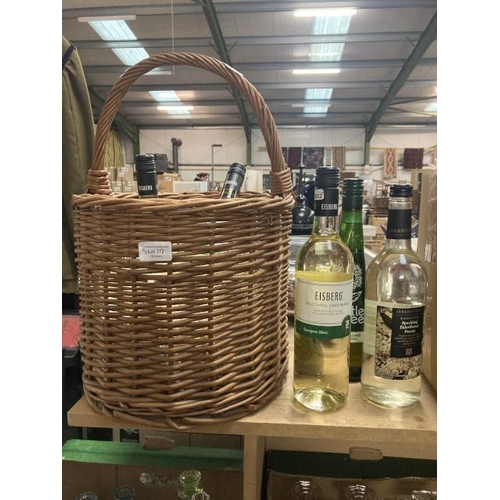 372 - Wicker basket, 3 bottles of Eisberg alcohol free wine 75cl, sparkling Elderflower press 750ml & Bott... 