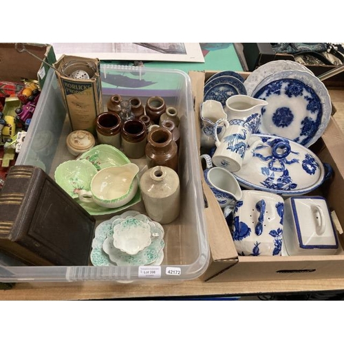 398 - Box of blue and white china including Woodsware jug, Staffordshire ironstone serving dish and cheese... 