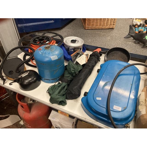 403 - Campingaz stove, camping pots and kettle, folding camping chairs, foot pump etc