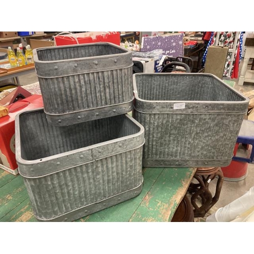 410 - 3 graduated galvanised square planters (28H x 41SQ, 24H x 36SQ, 20H x 30SQ)