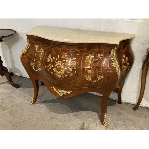 62 - Louis XV style Bombe chest with marble top 85H 114W 60D (Damage to side see extra photos)