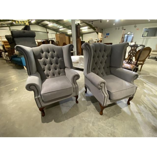 66 - Pair of grey upholstered button back Chesterfied wing armchairs 90W (as found)