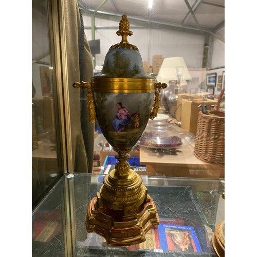 344 - French ormolu & porcelain mantle clock on stand with pendulum & key stamped 7639 & a pair of ormolu ... 