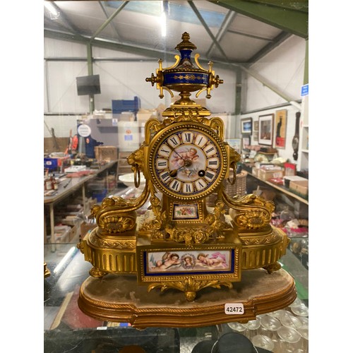 344 - French ormolu & porcelain mantle clock on stand with pendulum & key stamped 7639 & a pair of ormolu ... 