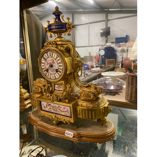 344 - French ormolu & porcelain mantle clock on stand with pendulum & key stamped 7639 & a pair of ormolu ... 