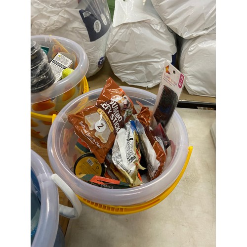 405 - 8 buckets containing assorted household goods including shoe polish, folding saw, protection gloves,... 