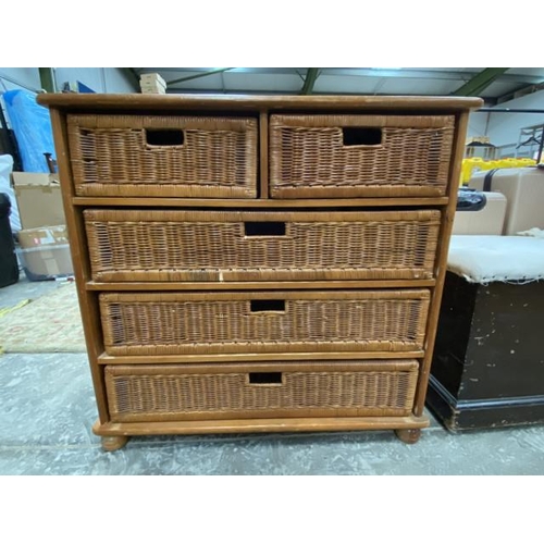 143 - Pine and wicker 5 drawer chest 84H 87W 39D