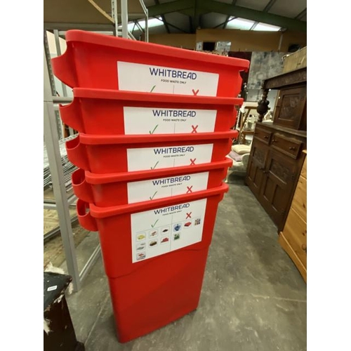 145 - 5 red plastic storage bins 76H 51W 27D