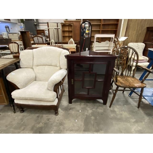 161 - Ercol style lounge chair 90W, stained pine corner cupboard 90H 75W 41D and an oak carver chair