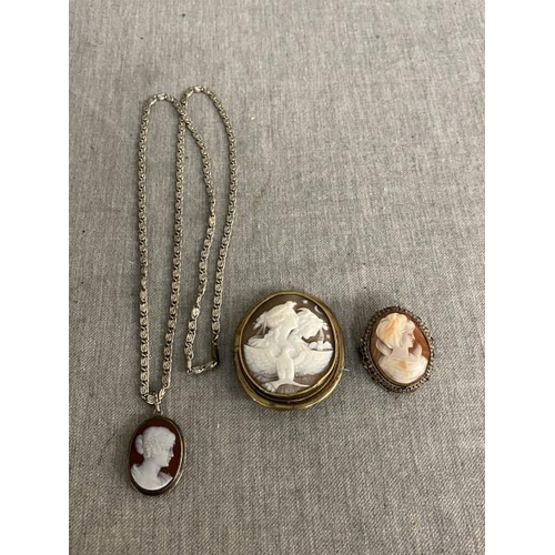 259 - Two vintage cameo brooches & silver cameo pendant on chain