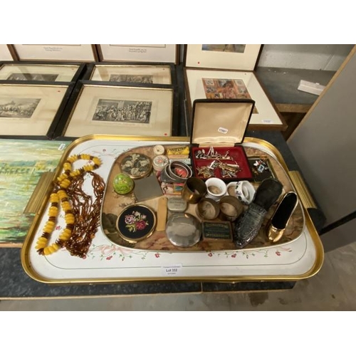 332 - Tray of collectables inc. compacts, Bakelite two tone bead necklace, Halcyon Days egg, pin badges, n... 