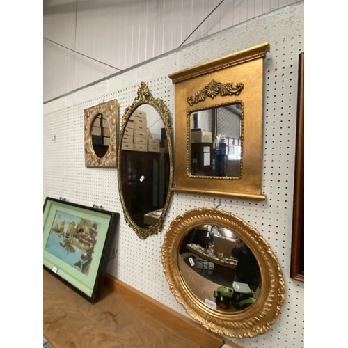 340 - 4 ornate gilt framed mirrors (33x44cm, 29x33, 69x34 & 40 Diam)