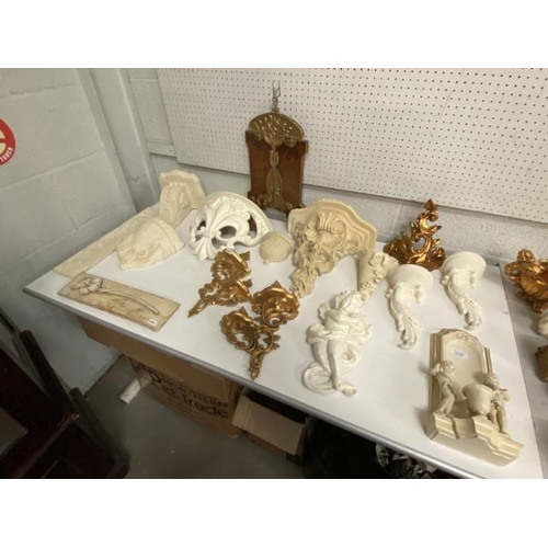 345 - Collection of ornate wall sconces, cherub plaque, flower wall pocket etc.