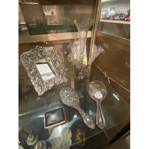 360 - Two silver hand mirrors (one A/F), silver gilt cherub framed mirror 20x24cm, cigarette case & silver... 