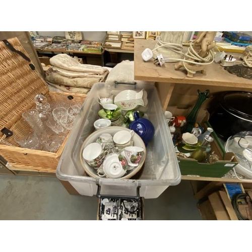 369 - 2 boxes & wicker basket containing ceramics & cut glass inc. Belleek, Royal Doulton 'Isabella', Sher... 