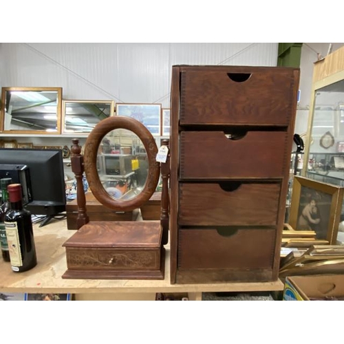 378 - Stained pine 4 drawer chest 32W 59H 37D & fruitwood brass inlaid dressing table mirror 30W 50H 16D