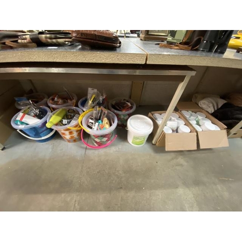 397 - 8 buckets containing ex shop stock shoe polish, folding saw, protection gloves, curtain wire, cable ... 