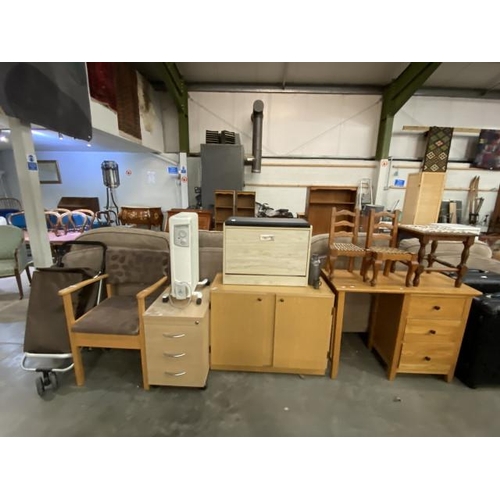 84 - Beech commode chair 57W Dimplex oil filled radiator, shoe cupboard 50H 65W 30D, 2 children's chairs ... 