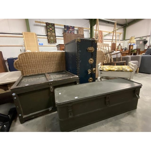 87 - Metal storage container/trunk stamped KL 81 (34H 103W 32D), wooden military trunk stamped Capt. F. M... 