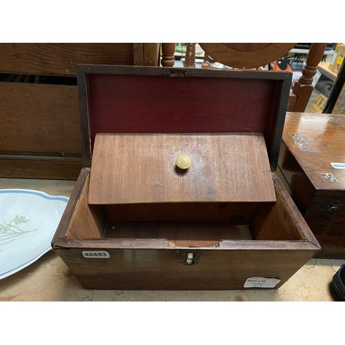 379 - Mahogany tea caddy, Vic. pearl inlaid jewellery box, vintage 1970's Balloon safety lantern, cased ma... 