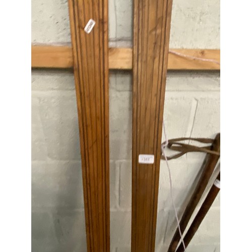 5 - Pair of vintage Hans Berger, Munchen wooden skis, pair of vintage ski poles and a metal ceiling ligh... 