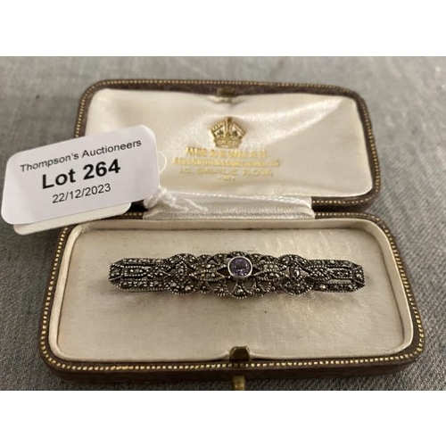 264 - 925 silver, marcasite & amethyst set brooch