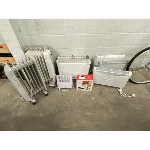 106 - 3 oil filled radiators, 6 electric heaters including Dimplex and a Glen fan heater (some new)