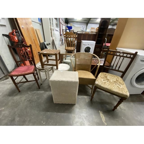 117 - 2 Polish painted bentwood stools, Lloyd Loom style bedroom chair 56W, linen box 53H 39W 25D etc