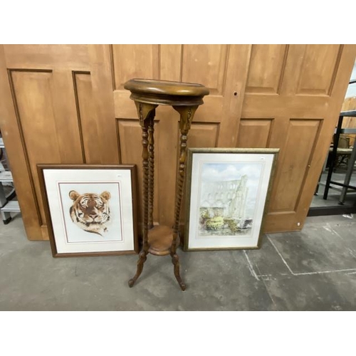 122 - Mahogany torchere 100H, framed cross stitch of a Siberian tiger and a framed watercolour by S.P. Vin... 