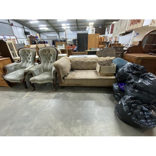 126 - 2 Victorian mahogany framed ladies chairs for restoration (sold as seen) 76W & an Edwardian settee f... 