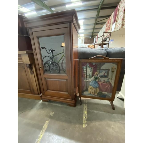 128 - Oak framed tapestry fire screen 55 x 77cm and an Ernest Menard media cupboard 120H 64W 50D