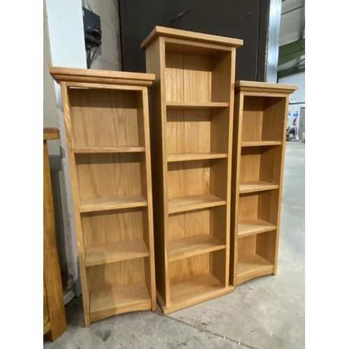 131 - 3 Oak Furniture Land CD storage cabinets 2x 95H 33W 18D & 110H 36W 18D