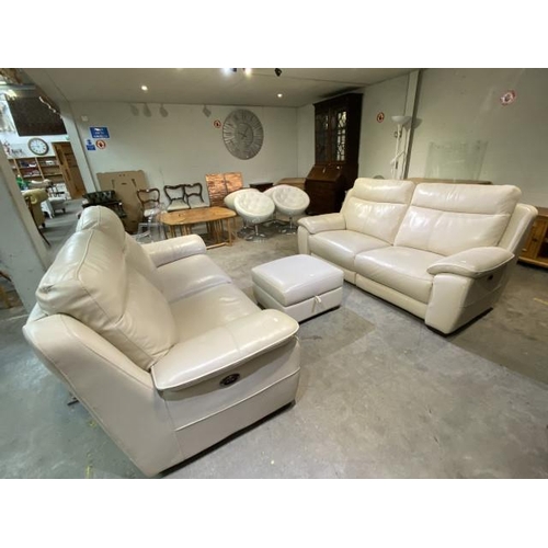 146 - 2 cream leather Sofology 2 seater electric reclining settees 202W and a matching box footstool 43H 6... 