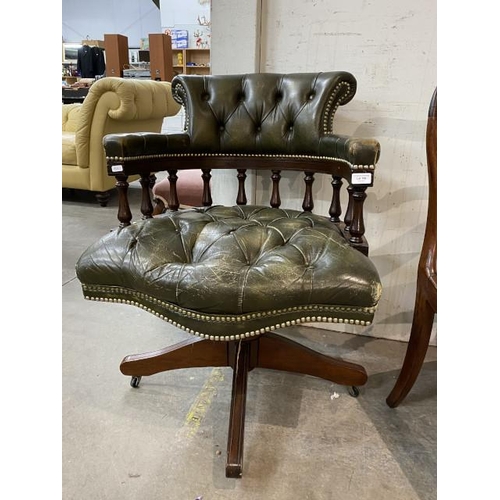 159 - Green leather button back Chesterfield swivel office chair 62W (leather as found)