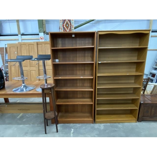 172 - 2 teak bookcases 184H 89W 27D & 184H 80W 29D, 2 rise and fall bar stools and a mahogany torchere 93H